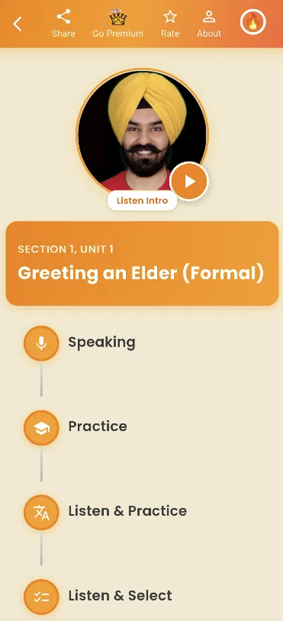 PunjabiCharm conversations practice — a native speaker introduces the unit "Greeting an Elder", followed by speaking and listening exercises