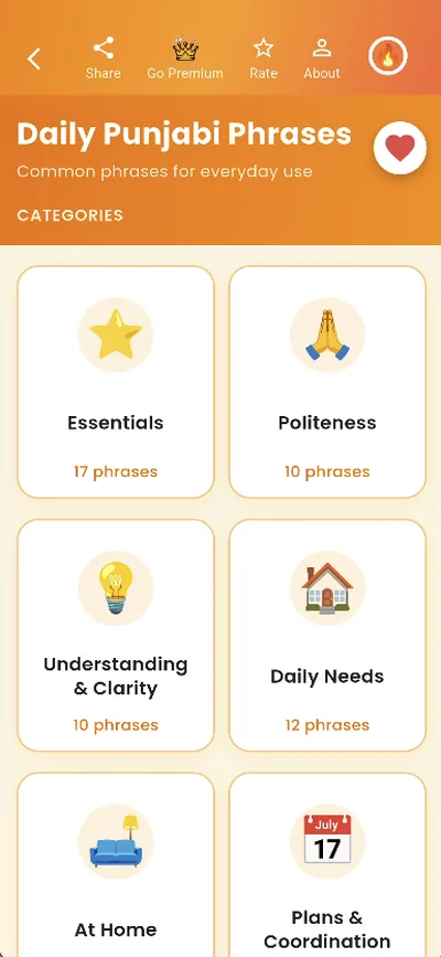 Daily Punjabi Phrases in the PunjabiCharm app — categories like Essentials, Politeness and Daily Needs