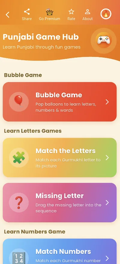 PunjabiCharm Game Hub — Bubble Game, Match the Letters, Missing Letter and number games for kids